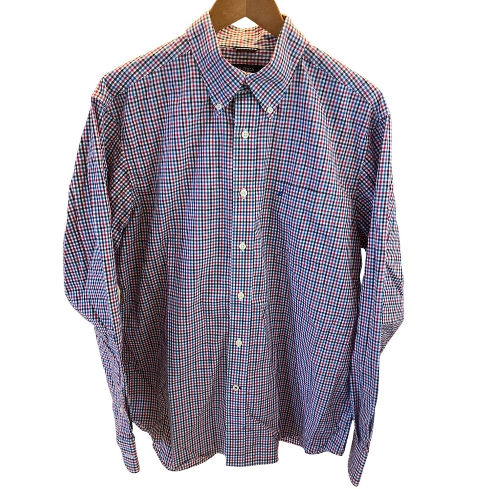 Nautica Mens Gingham Check Button Down Shirt Navy Red White Wrinkle Resistant L